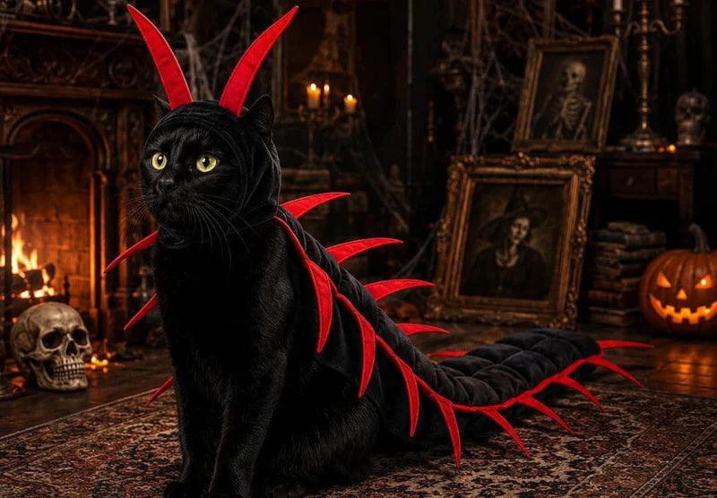 A black cat wearing the Centipede Cat Costume with red antennae on the hood