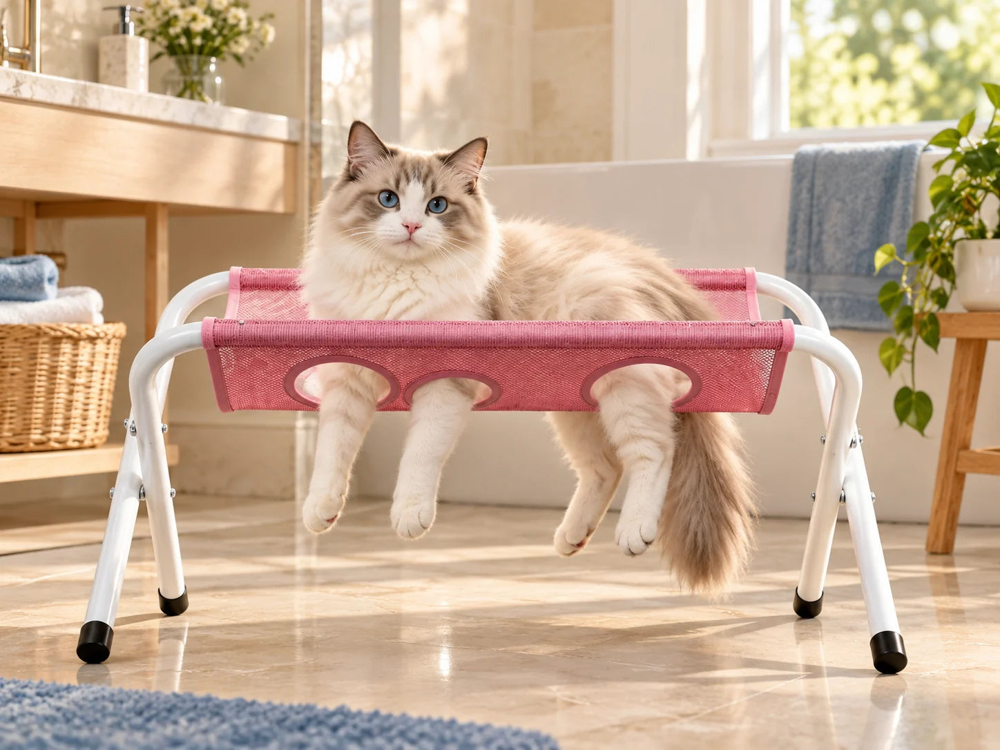 A cat resting on a Pawlie grooming stand