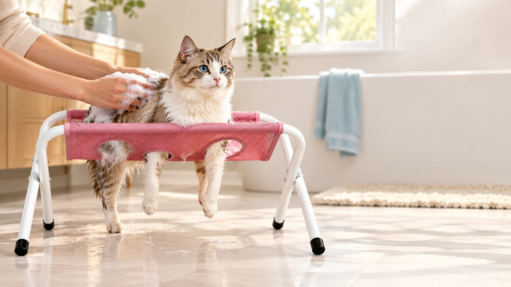 Cat enjoying a Pawlie bath stand at home