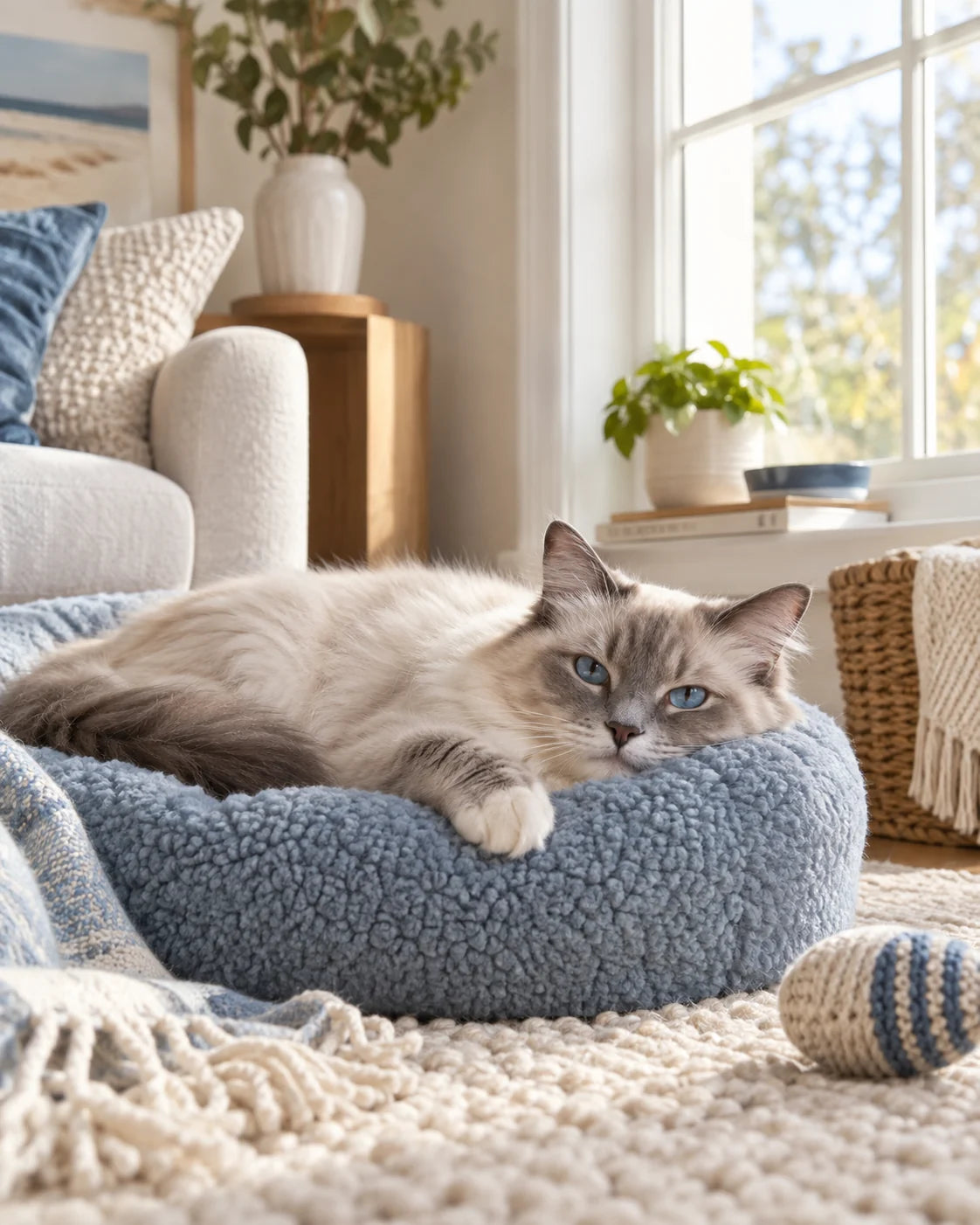 A cat resting in a soft bed