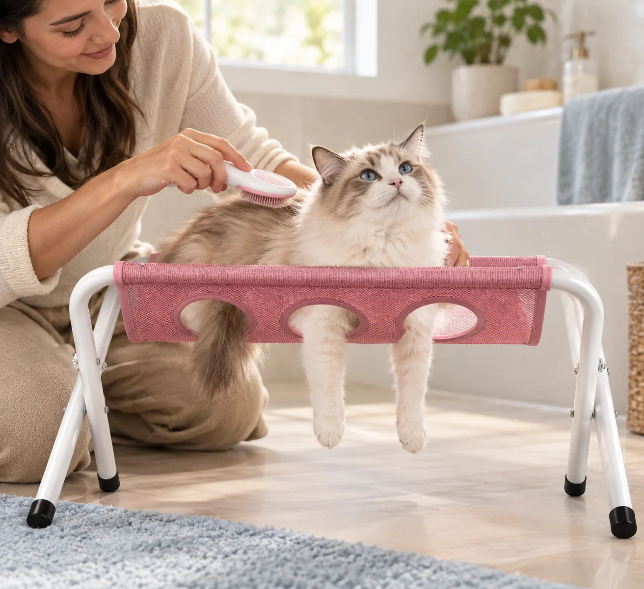 A cat having its nails trimmed on a Pawlie grooming stand