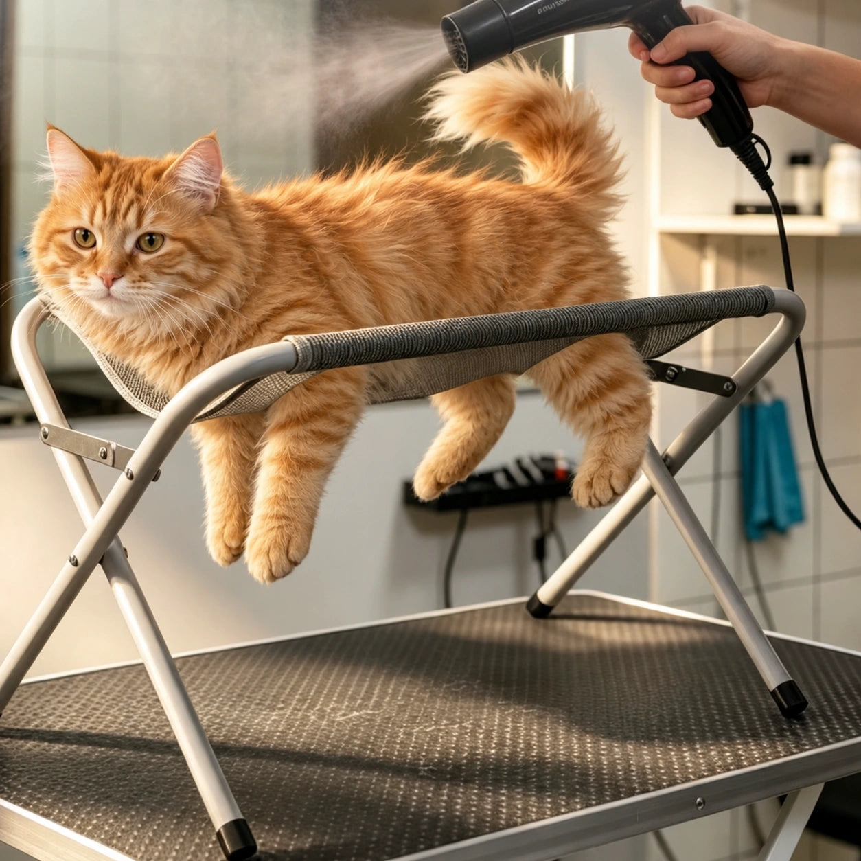 A cat being dried on a Pawlie grooming stand
