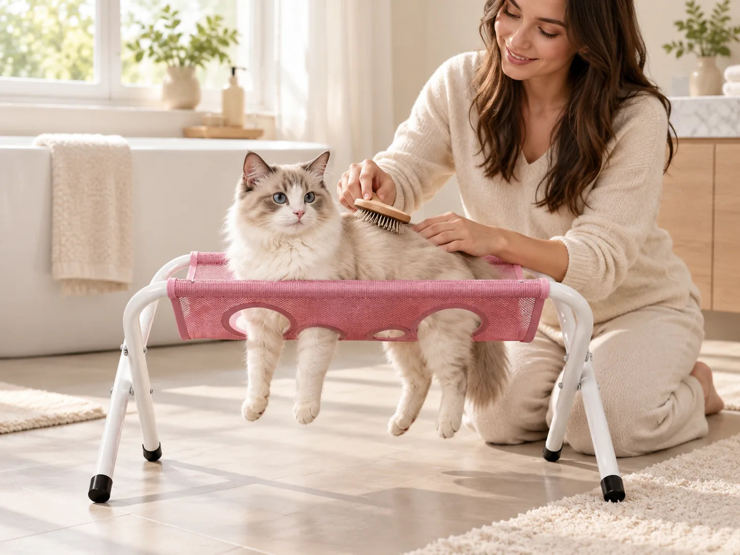 A cat using a Pawlie grooming stand