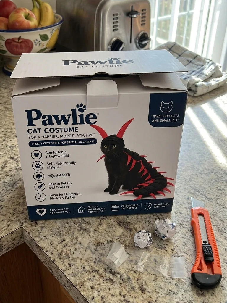 Pawlie Cat Costume box on a kitchen counter