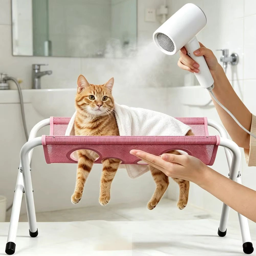 A cat on a Pawlie grooming stand during drying