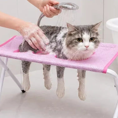 A cat being washed on a Pawlie grooming stand