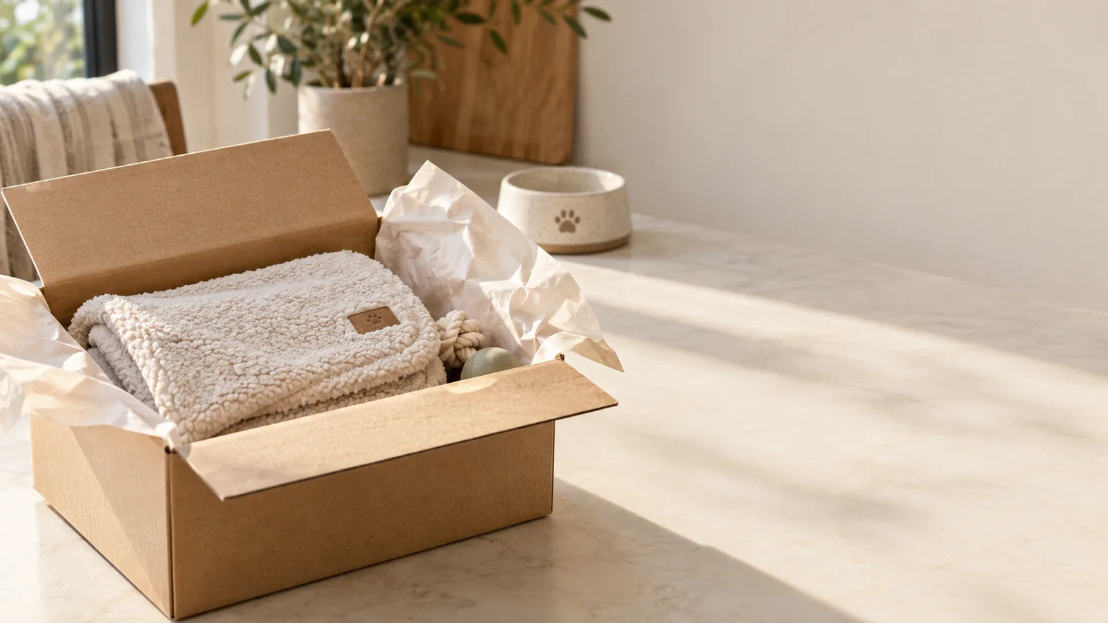 Pawlie order packed in a cardboard box with pet products.